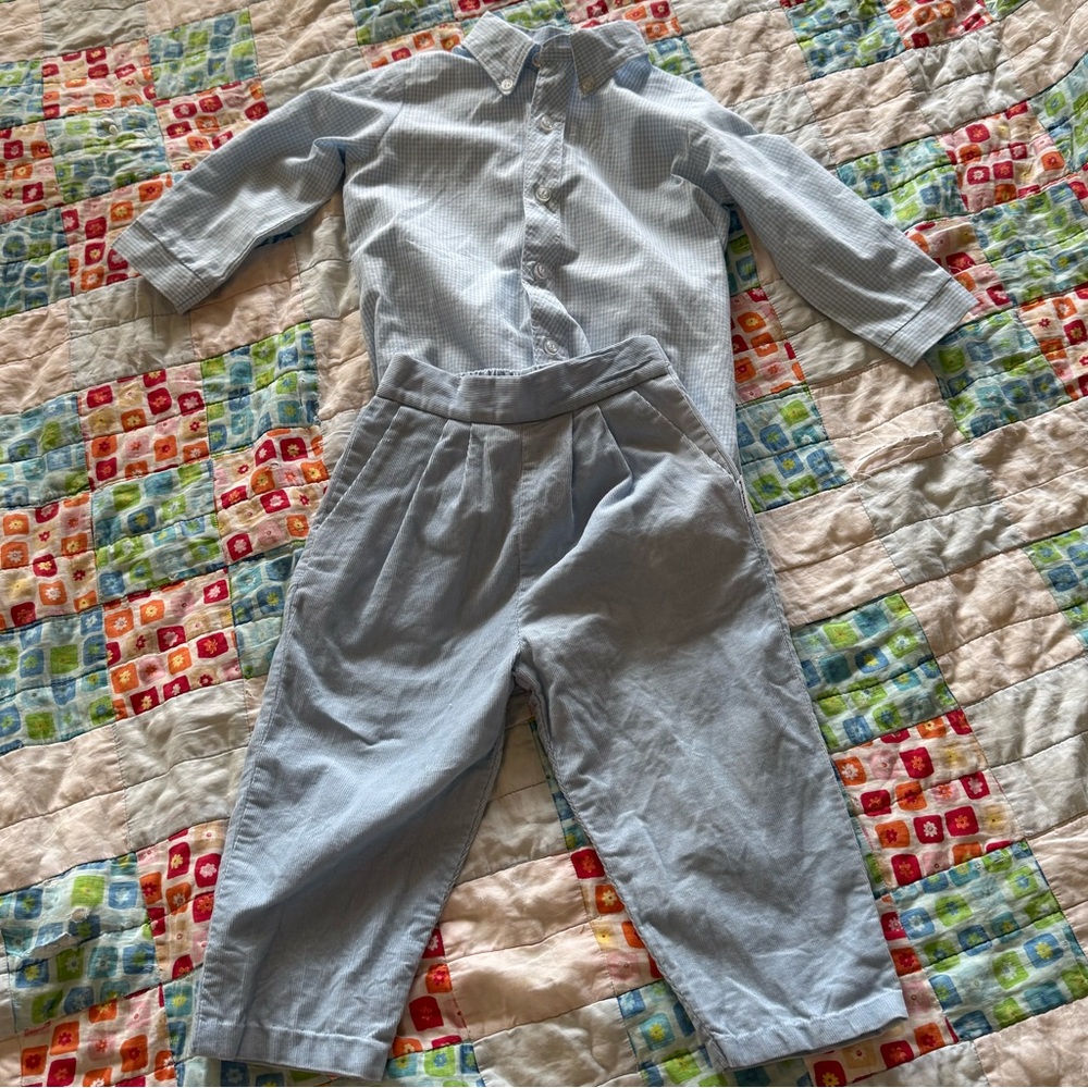 Light Blue and White Gingham Button-Up Shirt & Pants Set